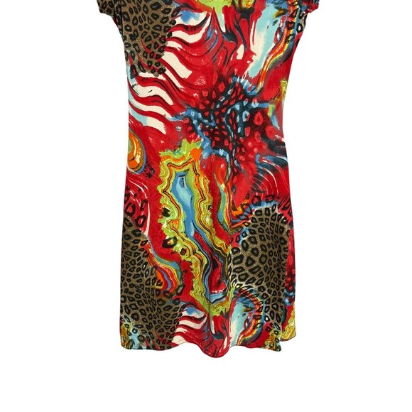 Vintage Y2K Tricotto Leopard Abstract Print Midi Dress S Ruched Ruffle Detail - Picture 6 of 9